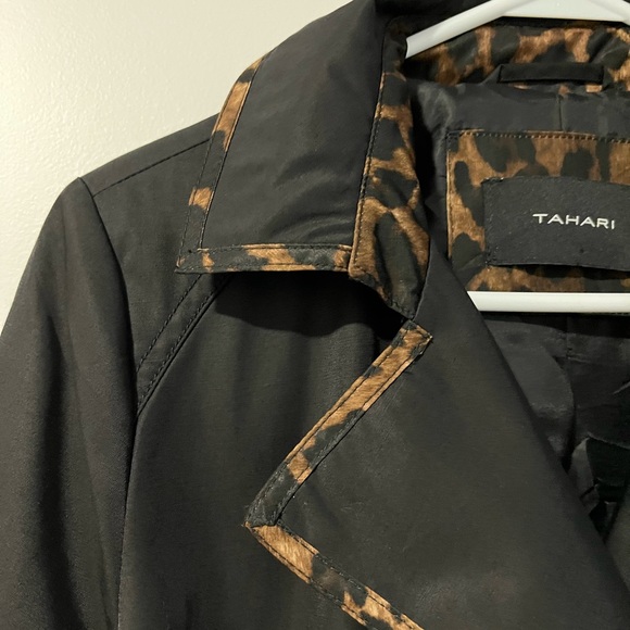 NWOT Tahari Double Breasted Trench Rain Jacket belted pockets animal print trim - Picture 6 of 12